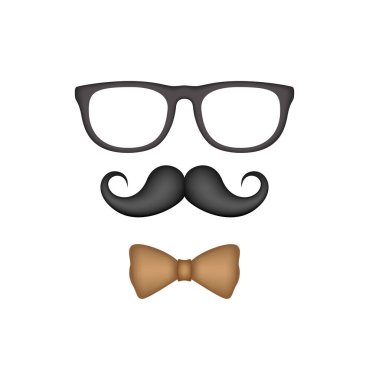 Bıyık, papyon ve beyaz arka planda izole edilmiş gözlük.