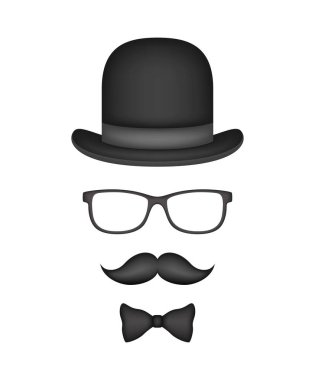 Bıyık, papyon, şapka ve gözlük beyaz arka planda izole edilmiş.