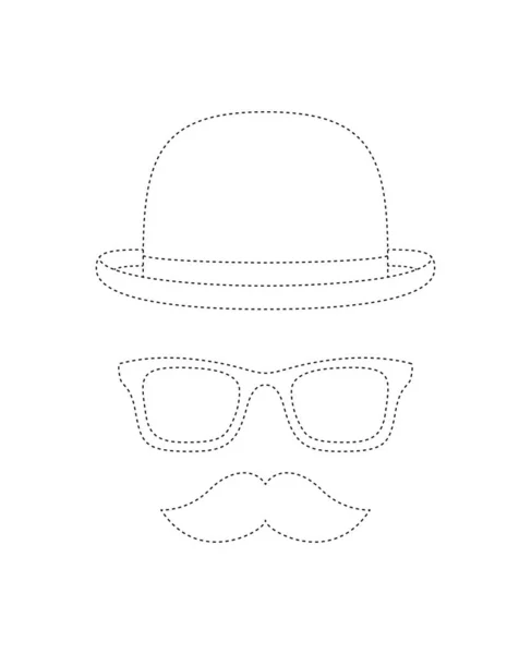 Mustache Hat Glasses Tracing Worksheet Kids — Stock Vector