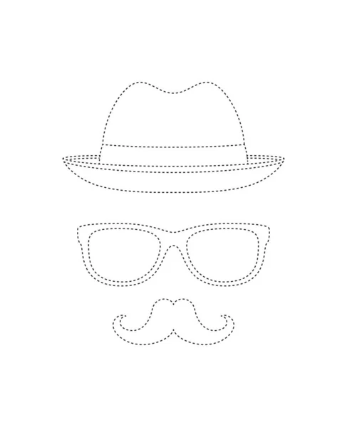 Mustache Hat Glasses Tracing Worksheet Kids — Stock Vector