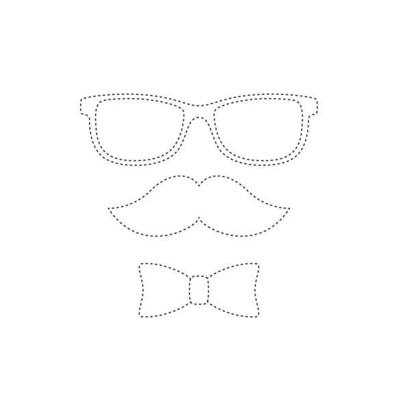 Mustache Bow Tie Glasses Tracing Worksheet Kids — Stock Vector