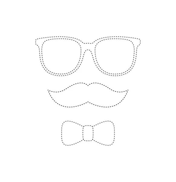 Mustache Bow Tie Glasses Tracing Worksheet Kids — Stock Vector