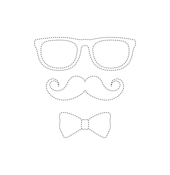 Mustache Bow Tie Glasses Tracing Worksheet Kids — Stock Vector