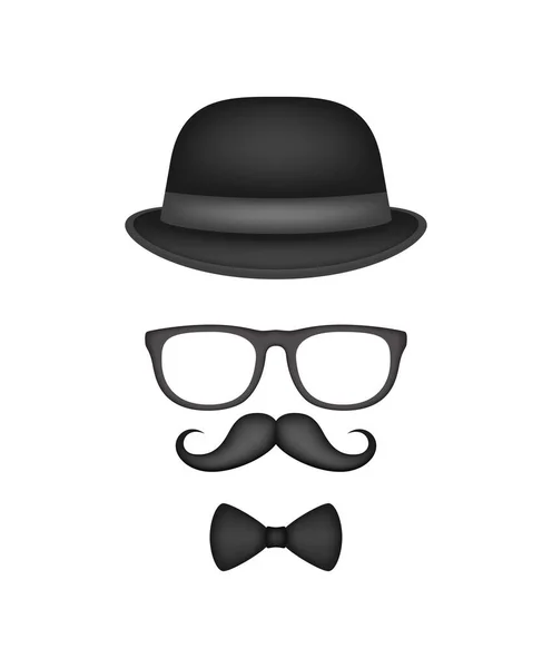 Mustache Bow Tie Hat Glasses Isolated White Background — Wektor stockowy