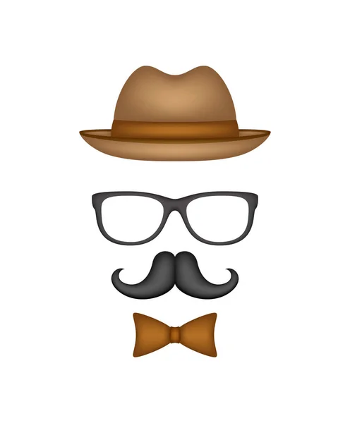 Mustache Bow Tie Hat Glasses Isolated White Background — Stok Vektör