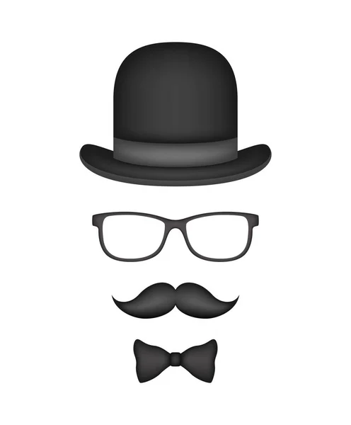 Mustache Bow Tie Hat Glasses Isolated White Background — ストックベクタ