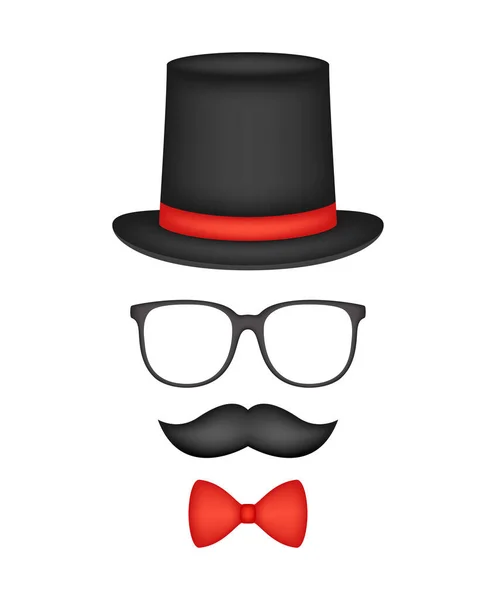 Mustache Bow Tie Hat Glasses Isolated White Background — Stockový vektor