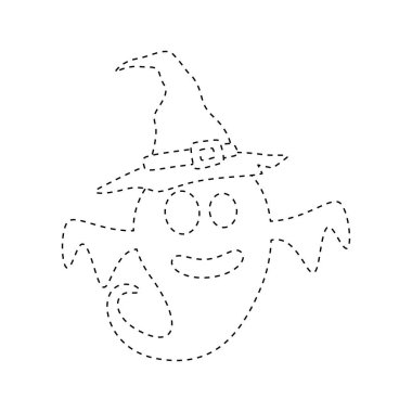 Ghost with witch hat tracing worksheet for kids