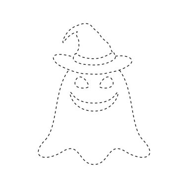Ghost with witch hat tracing worksheet for kids