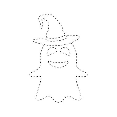 Ghost with witch hat tracing worksheet for kids