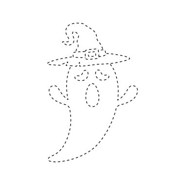 Ghost with witch hat tracing worksheet for kids