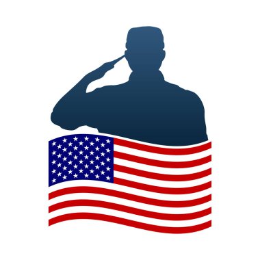 Saluting soldier silhouette with American flag