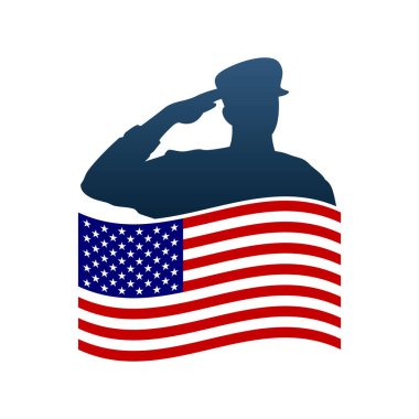 Saluting soldier silhouette with American flag