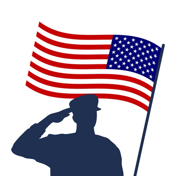 Saluting Soldier Silhouette American Flag — Vector de stock