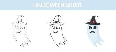 Çocuklar için Şapkalı Hayalet izleme ve boyama çalışma tablosu