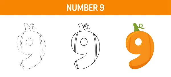 Number Pumpkin Tracing Coloring Worksheet Kids — Stock Vector