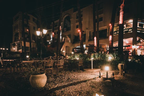 Cena noturna de um elegante bar ao ar livre iluminado por pequenas lâmpadas entre as árvores e plantas — Fotografia de Stock