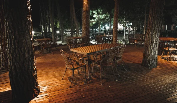 Cena noturna de deck de madeira de um elegante bar ao ar livre, iluminado por pequenas lâmpadas nas árvores que sobem sobre o terraço — Fotografia de Stock