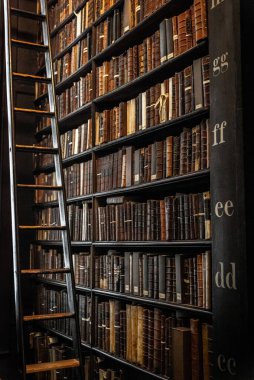 DUBLIN, IRELAND, 21 ARALIK 2018: The Long Room in the Trinity College Library, home of Kells. Kitaplara ulaşmak için farklı seviyelerde bir merdiven