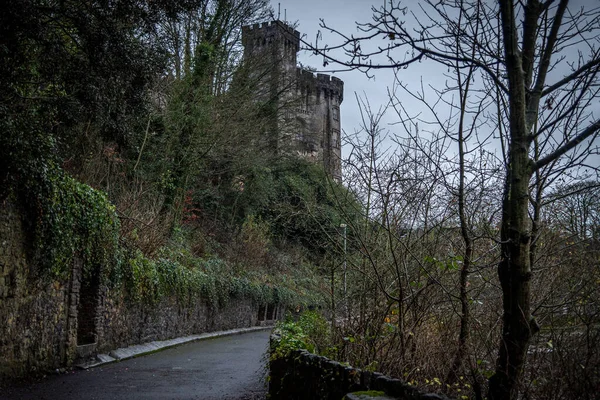 KILKENNY, IRELAND, DECEMBER 23, 2018: Pathway between Kilkenny Castle and River Nore, with wonderful medieval aspect, wet moldy exterior walls and covered with vegetation growing as the time goes by. — Stock Photo, Image