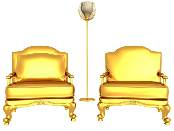 Gouden twee leunstoelen en lamp op wit — Stockfoto