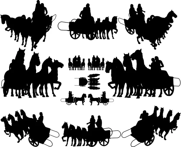 4 つの馬ベクトルと古代のチャリオット — ストックベクタ