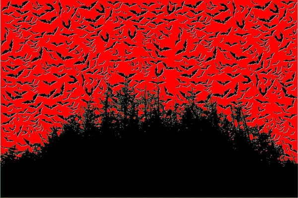 Chauves-souris sur la forêt dans le vecteur de ciel rouge sanglant d'Halloween 03 — Image vectorielle