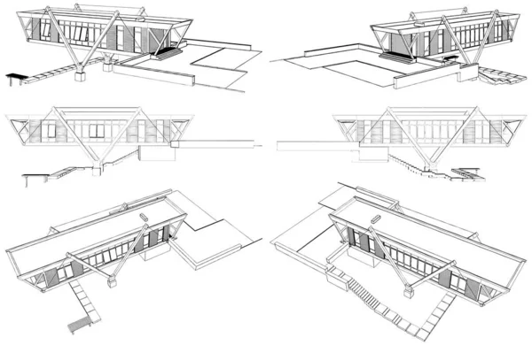 住宅現代建築ベクトル15 現代家族の家の視点の3Dイラスト 白を基調としたイラスト — ストックベクタ