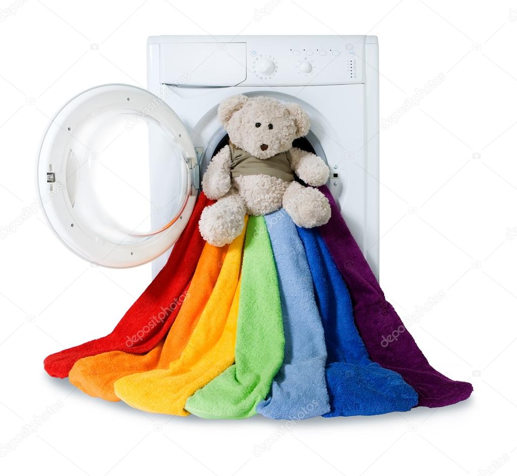 Washing machine, toy and colorful things to wash, isolated