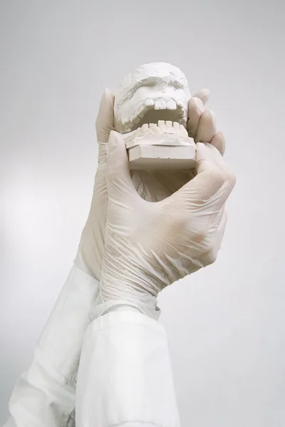 Fundição dentária - mãos segurando modelos de gesso dental — Fotografia de Stock