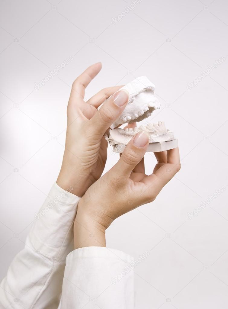 Dental Casting - hands holding dental gypsum models, dental conc