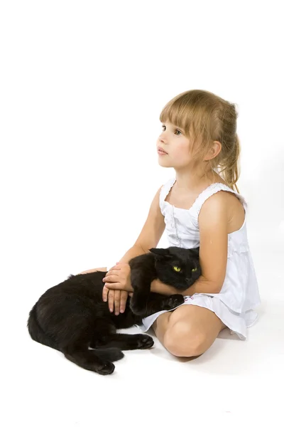 검은 고양이 (어린이 애완 동물 소녀) — 스톡 사진