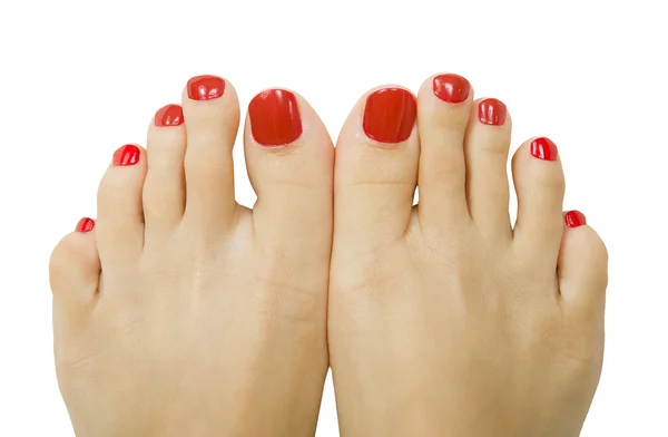 Pé feminino com pedicure vermelho, isolado — Fotografia de Stock