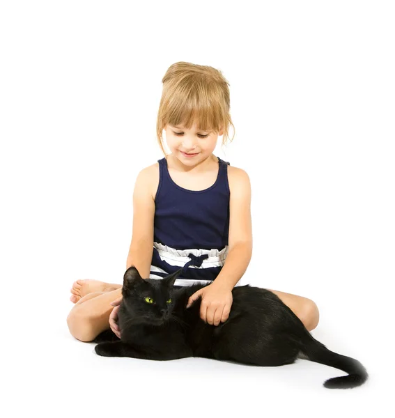 검은 고양이와 어린 소녀 — 스톡 사진