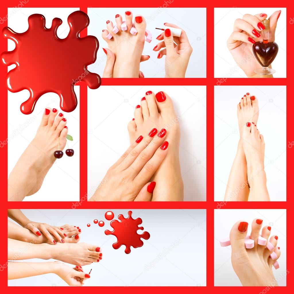 Collage of several photos for beauty industry (red manicure and
