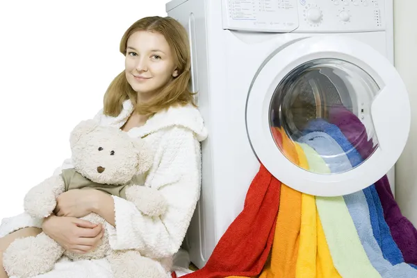 Girl and washing machine — Stock Photo, Image