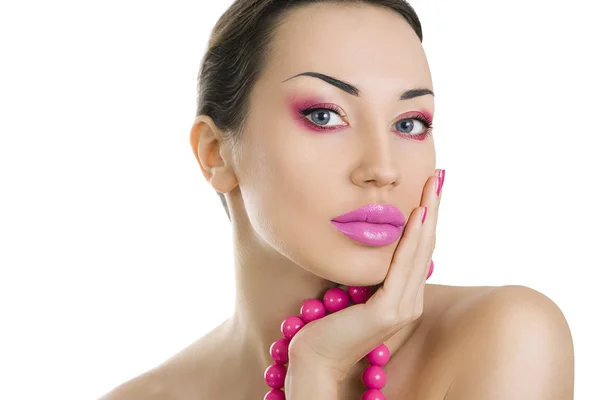 Beautiful girl with bright pink make-up and accessory close up, — Stock Photo, Image