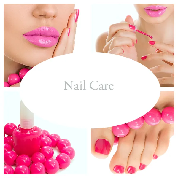 Pedicure process - pink manicure and pedicure collage (bright pi — Stock Photo, Image