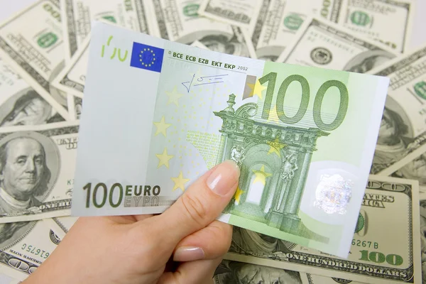 Hand holding a hundred euro, a lot of money (U.S. dollars) — Stock Photo, Image