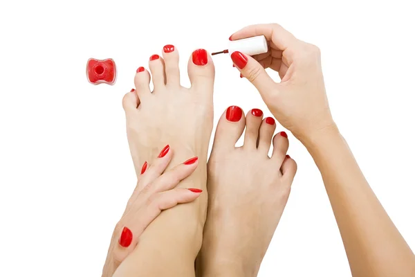 Pedicure proces - czerwony do manicure i pedicure, na białym tle — Zdjęcie stockowe