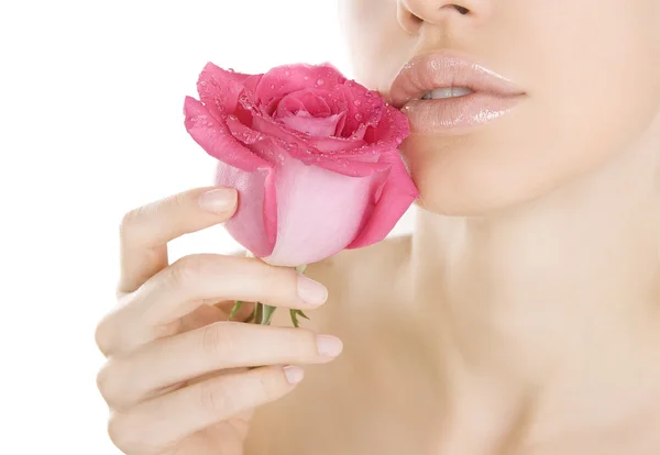 Beauty woman holding pink rose on white, Close-up isolated — Stock Photo, Image