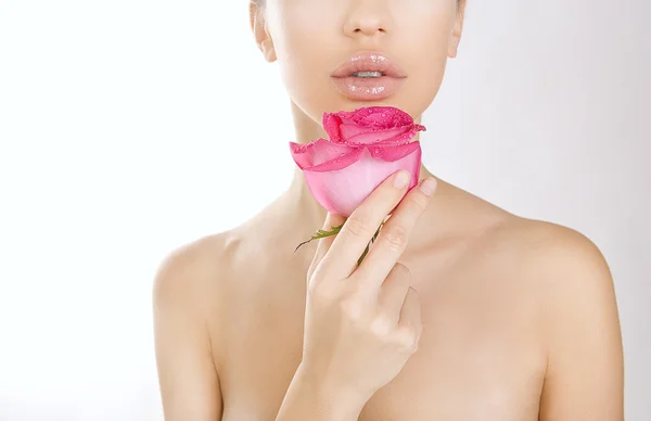 Szépség nő gazdaság rózsaszín rózsa, közelkép — Stock Fotó
