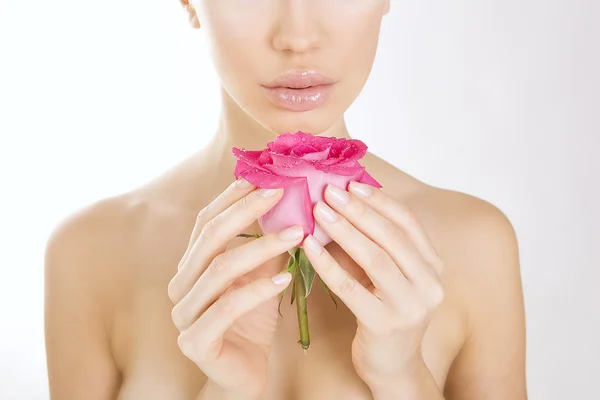 Schoonheid vrouw bedrijf roze roos, close-up — Stockfoto