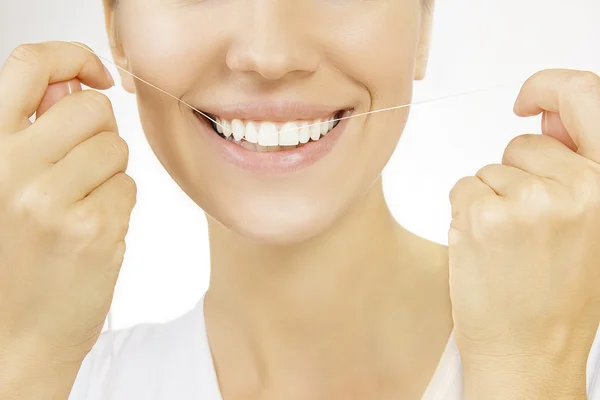 Flossing, Woman and teeth floss — Stock Photo, Image