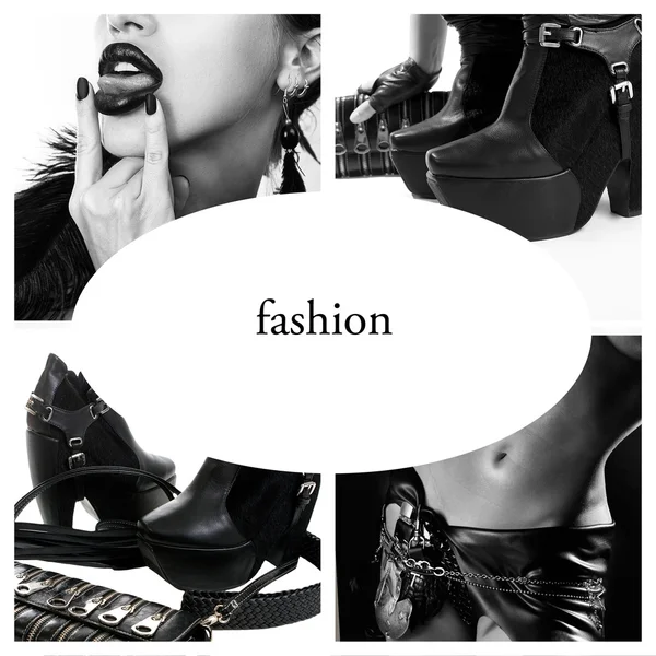 Мода коллаж, черно-белое фото модных аксессуаров — стоковое фото