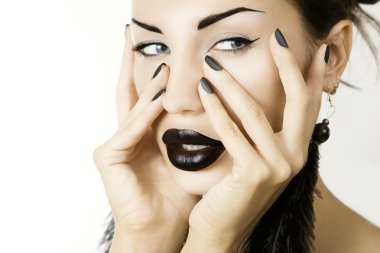 Beautiful girl with black lipstick matte black manicure and acce clipart