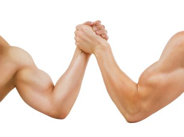 Two muscular hands clasped arm wrestling, isolated on white clipart