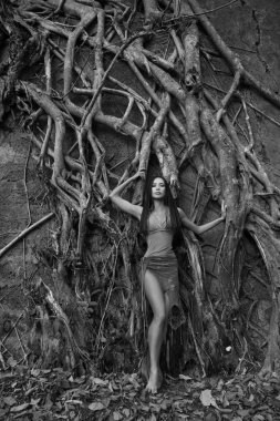 Indi içinde yağmur ormanlarında banyan tree yakınındaki güzel genç kadın