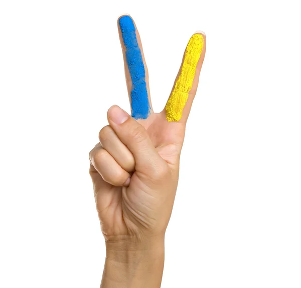 Ukrainian patriotic theme: Woman Giving Peace (Victory) Sign wit — Stock Photo, Image