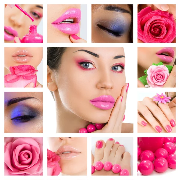 Makeup Collage. Beautiful young women with stylish bright make-u — Stock Photo, Image